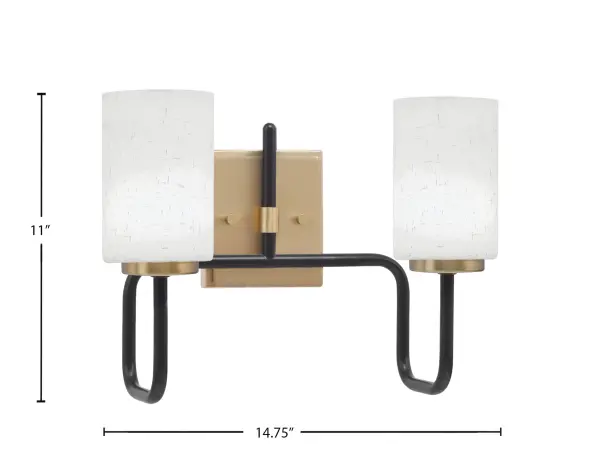 The Sandia 2 Light Bath Bar combines sleek matte black with warm new age brass accents for a sophisticated contemporary look. White muslin glass shades create soft, diffused lighting perfect for bathroom vanities. - alternate view
