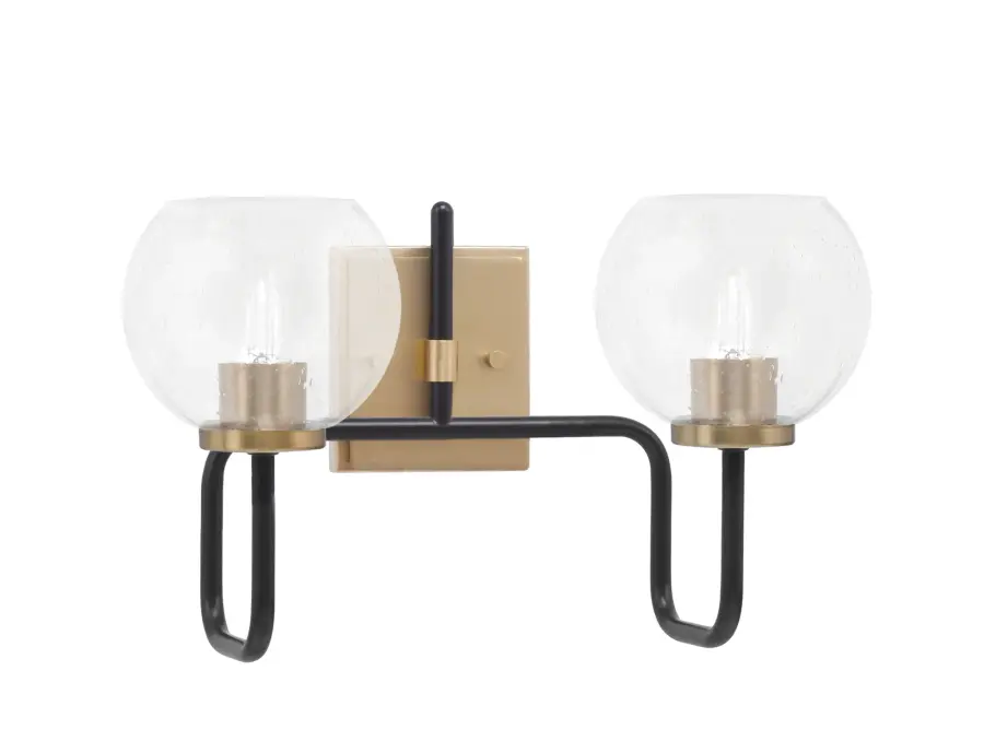 Sandia 2-Light Bath Bar in Matte Black & New Age Brass with Clear Bubble Glass - Image 1