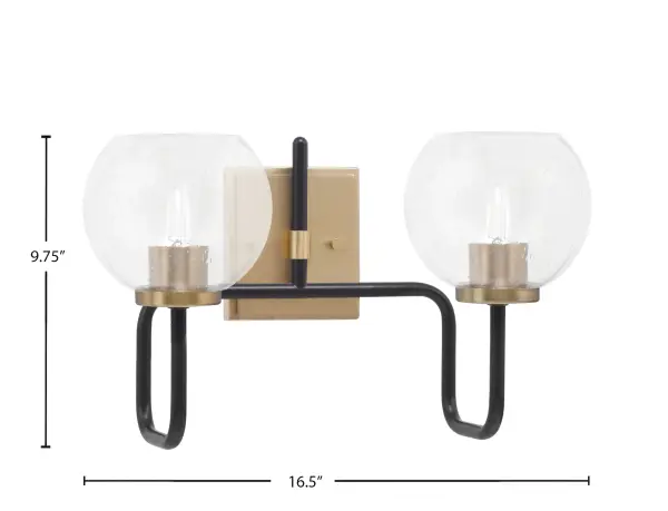The Sandia 2-Light Bath Bar combines modern elegance with industrial flair through its striking matte black and brass finish. Clear bubble glass shades create beautiful light refraction for a warm, inviting glow. - alternate view
