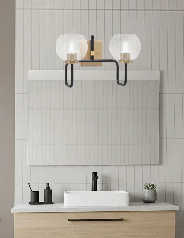 Sandia 2-Light Bath Bar in Matte Black & New Age Brass with Clear Bubble Glass - Image 3