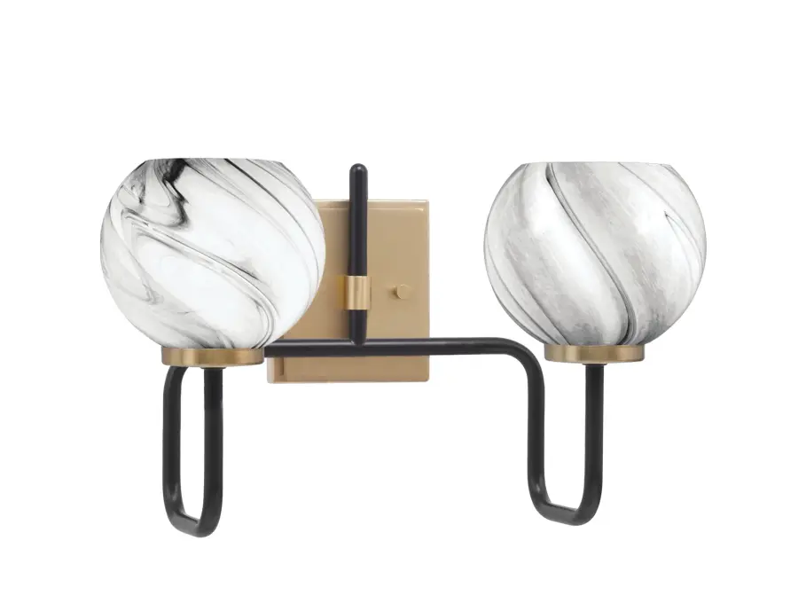 Sandia 2 Light Bath Bar in Matte Black & New Age Brass with Onyx Swirl Glass - Image 1