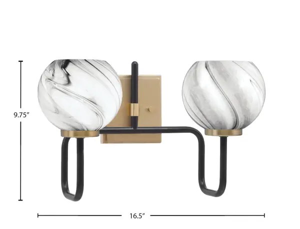 The Sandia 2 Light Bath Bar combines matte black and brass finishes with dramatic onyx swirl glass shades for a refined contemporary look. Perfect for modern bathrooms seeking elevated style with versatile lighting. - alternate view