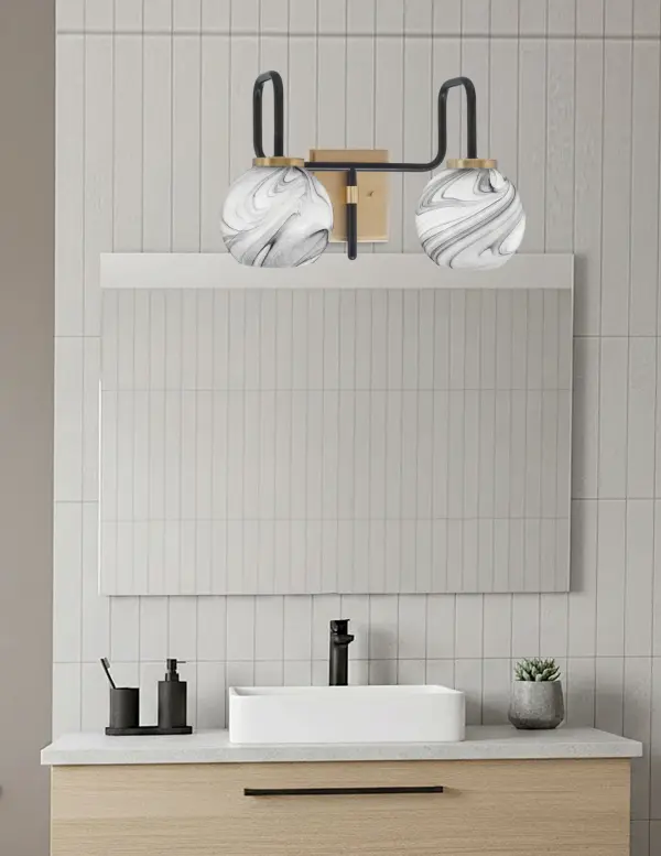 Sandia 2 Light Bath Bar in Matte Black & New Age Brass with Onyx Swirl Glass - Image 3