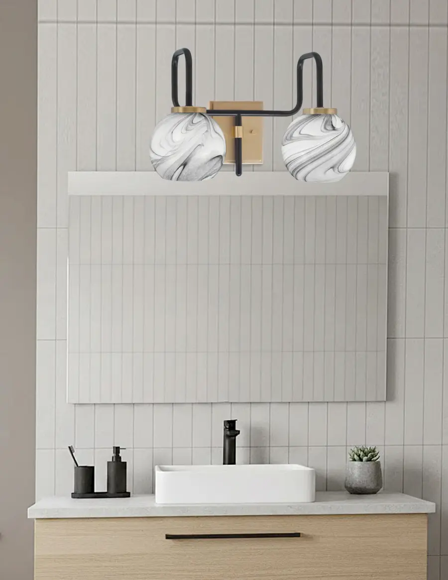 Sandia 2 Light Bath Bar in Matte Black & New Age Brass with Onyx Swirl Glass - Image 3