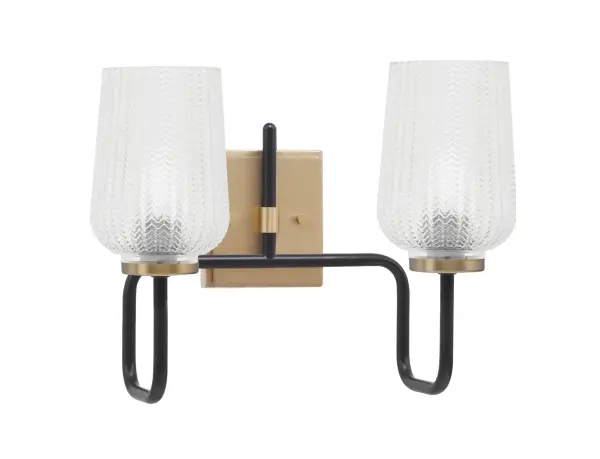 The Sandia 2-Light Bath Bar combines bold matte black with warm new age brass for a contemporary look that elevates any bathroom. Clear textured glass shades refract light beautifully while the compact 14.75" width fits most vanity spaces.