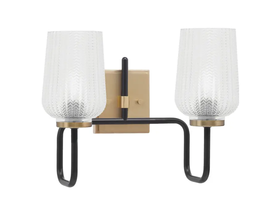 Sandia 2-Light Bath Bar in Matte Black & New Age Brass with Clear Textured Glass - Image 1
