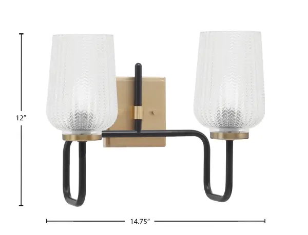 The Sandia 2-Light Bath Bar combines bold matte black with warm new age brass for a contemporary look that elevates any bathroom. Clear textured glass shades refract light beautifully while the compact 14.75" width fits most vanity spaces. - alternate view