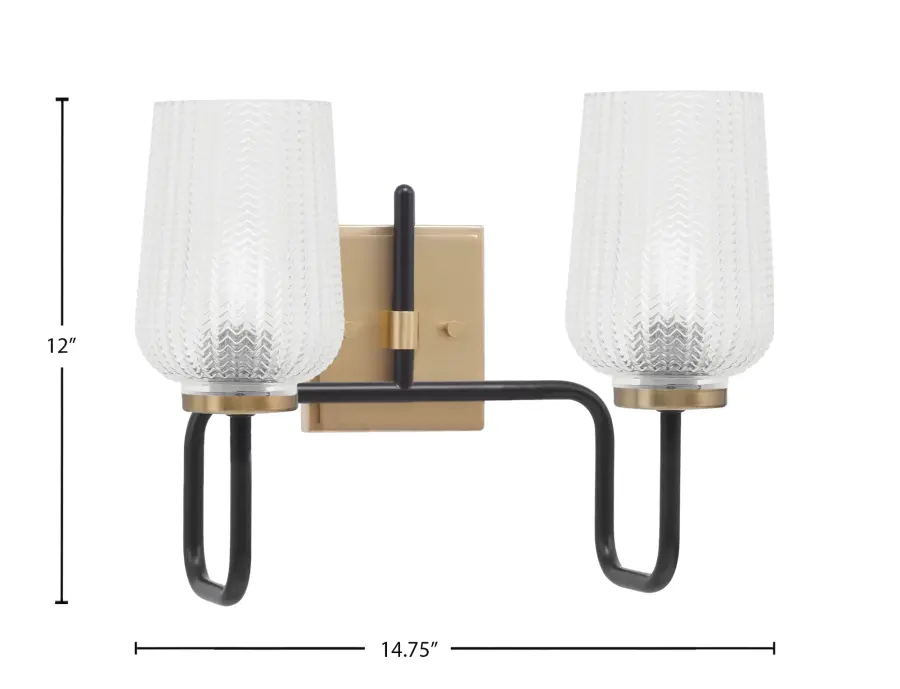Sandia 2-Light Bath Bar in Matte Black & New Age Brass with Clear Textured Glass - Image 2
