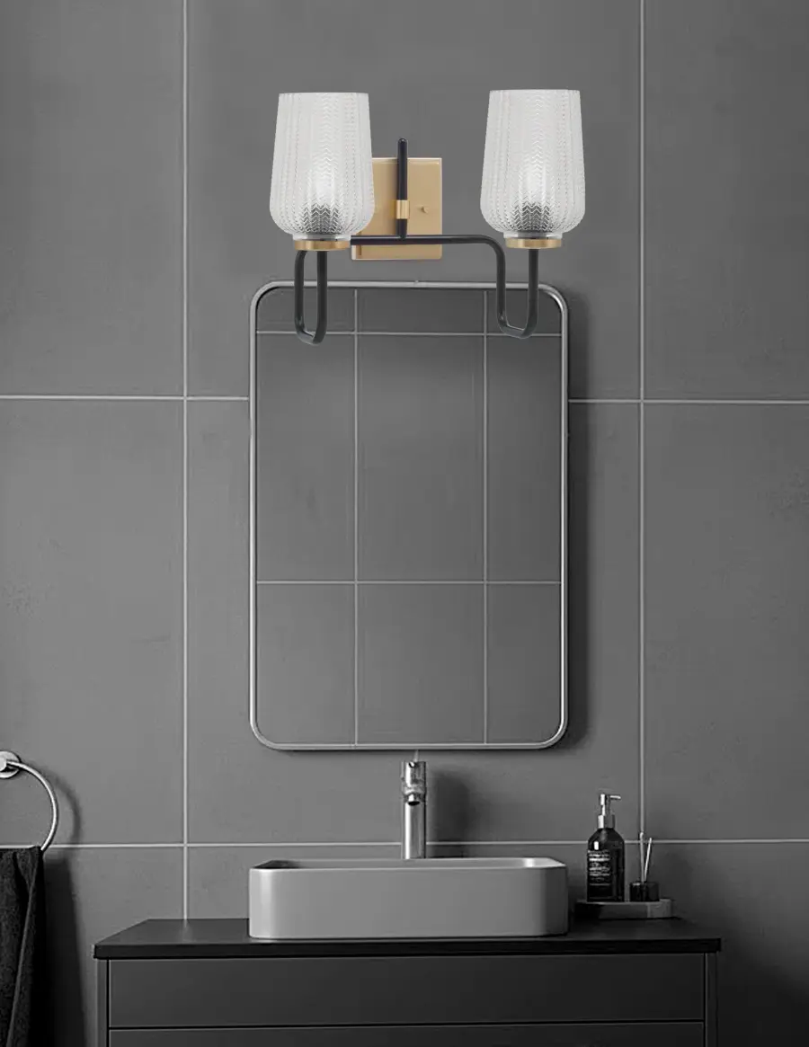 Sandia 2-Light Bath Bar in Matte Black & New Age Brass with Clear Textured Glass - Image 3