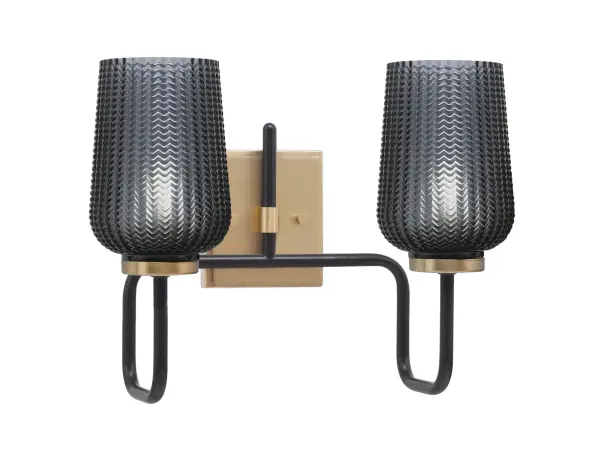 The Sandia 2 Light Bath Bar combines matte black and new age brass finishes for a sophisticated modern look. Smoke textured glass diffuses light beautifully while the compact 14.75" width fits most bathroom vanities perfectly.