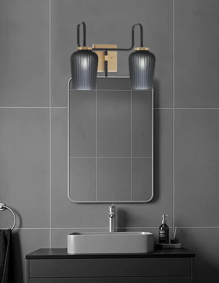 Sandia 2 Light Bath Bar in Matte Black & New Age Brass with Smoke Glass - Image 3