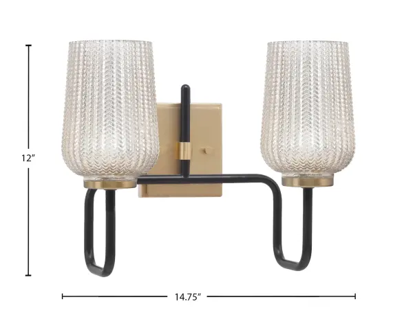 The Sandia 2-Light Bath Bar combines bold matte black and new age brass finishes for a striking contemporary look. Silver textured glass shades create ambient lighting perfect for modern bathrooms. - alternate view