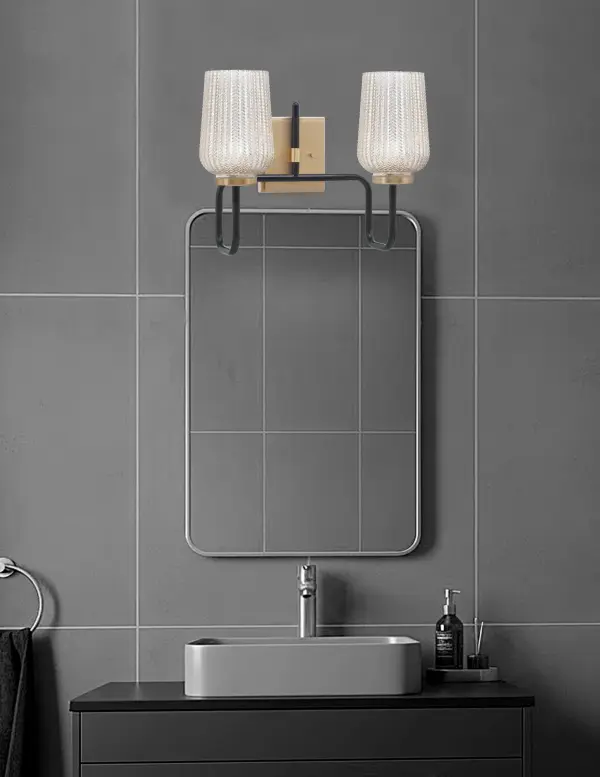 Sandia 2-Light Bath Bar in Matte Black & New Age Brass with Silver Textured Glass - Image 3