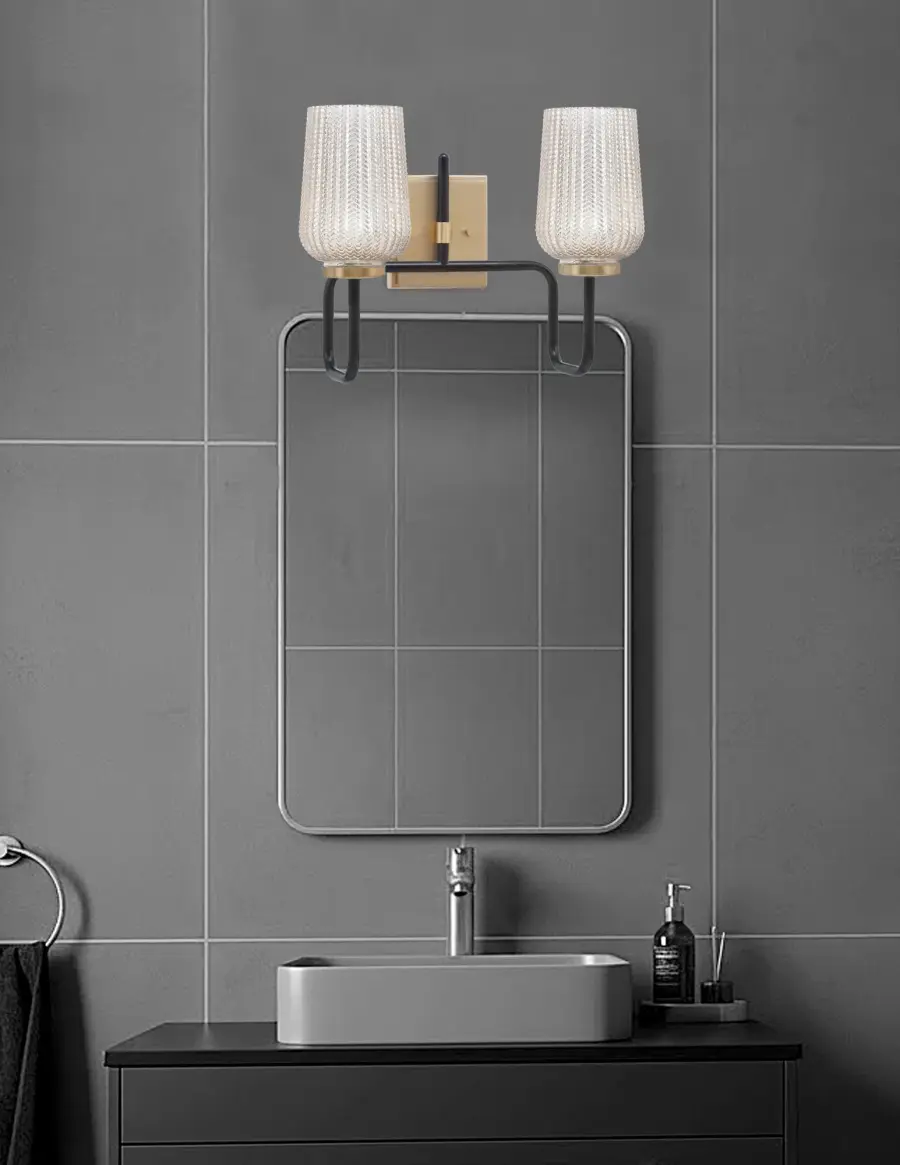 Sandia 2-Light Bath Bar in Matte Black & New Age Brass with Silver Textured Glass - Image 3