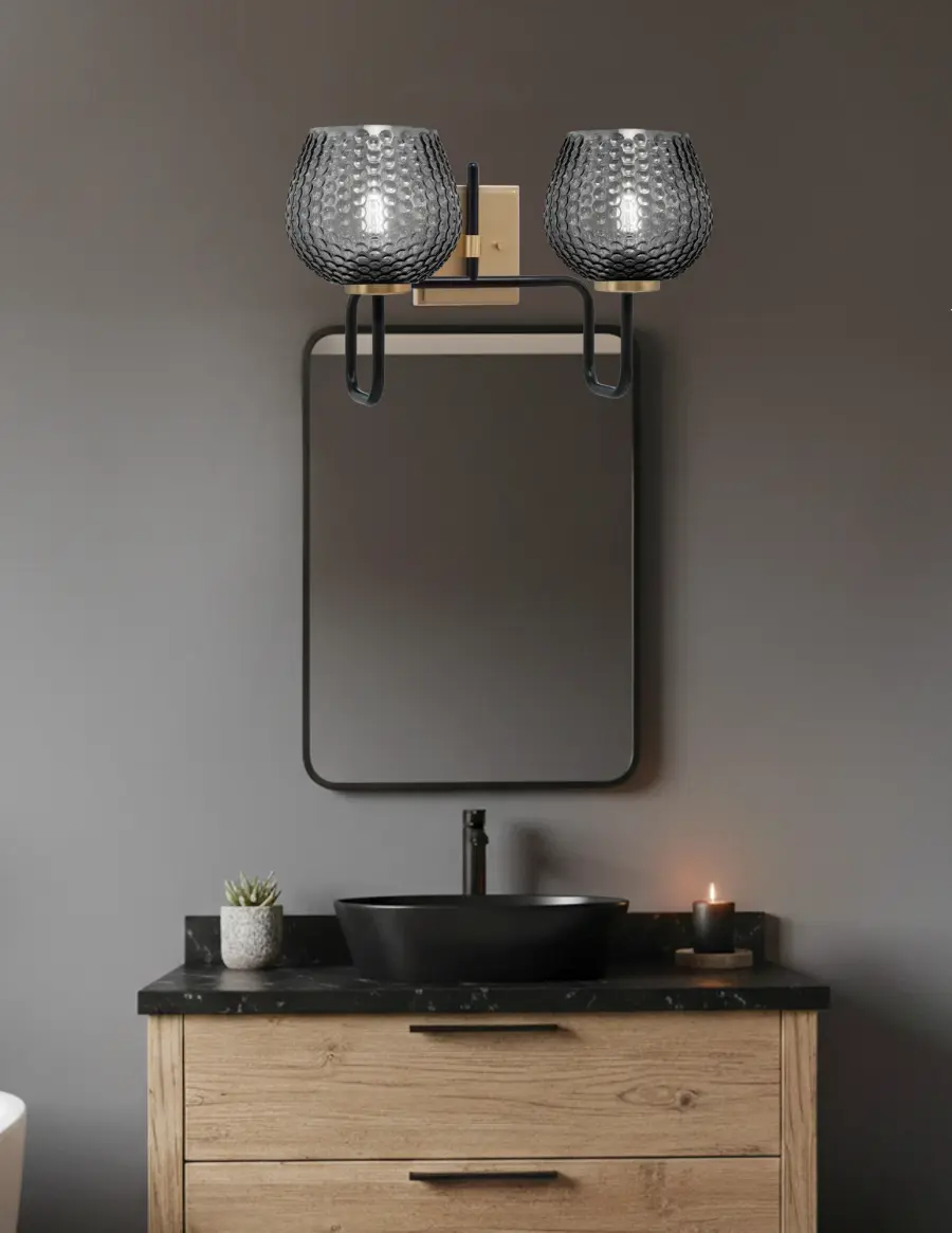 Sandia 2-Light Bath Bar in Matte Black & New Age Brass with Smoke Glass - Image 3