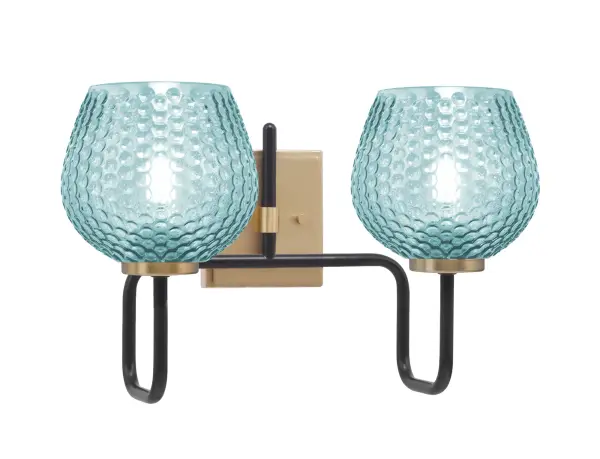 The Sandia 2 Light Bath Bar combines industrial-chic matte black and new age brass finishes with eye-catching turquoise textured glass. Perfect for adding personality to contemporary bathrooms and vanity areas.