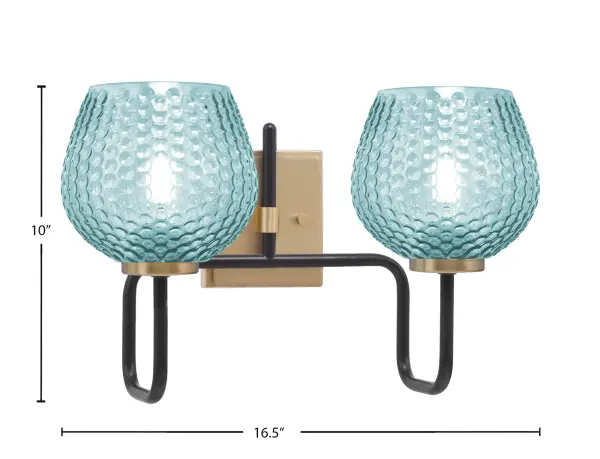 The Sandia 2 Light Bath Bar combines industrial-chic matte black and new age brass finishes with eye-catching turquoise textured glass. Perfect for adding personality to contemporary bathrooms and vanity areas. - alternate view