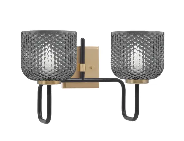 The Sandia 2-Light Bath Bar combines striking Matte Black and New Age Brass finishes with unique smoke textured glass shades. Perfect for contemporary bathrooms, it provides warm, diffused lighting while making a bold design statement.