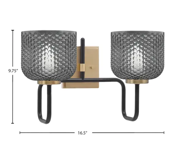 The Sandia 2-Light Bath Bar combines striking Matte Black and New Age Brass finishes with unique smoke textured glass shades. Perfect for contemporary bathrooms, it provides warm, diffused lighting while making a bold design statement. - alternate view