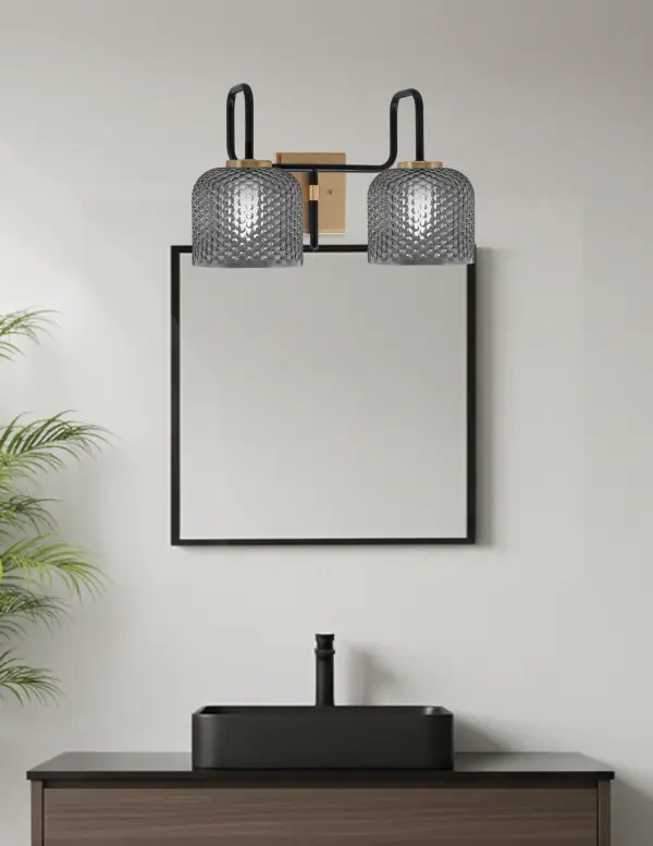Sandia 2-Light Bath Bar in Matte Black & New Age Brass with Smoke Glass - Image 3