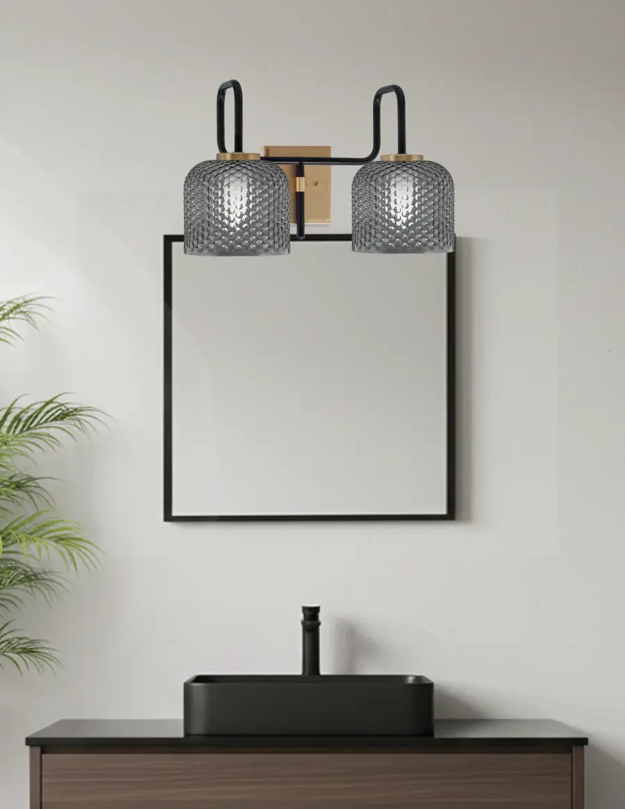 Sandia 2-Light Bath Bar in Matte Black & New Age Brass with Smoke Glass - Image 3