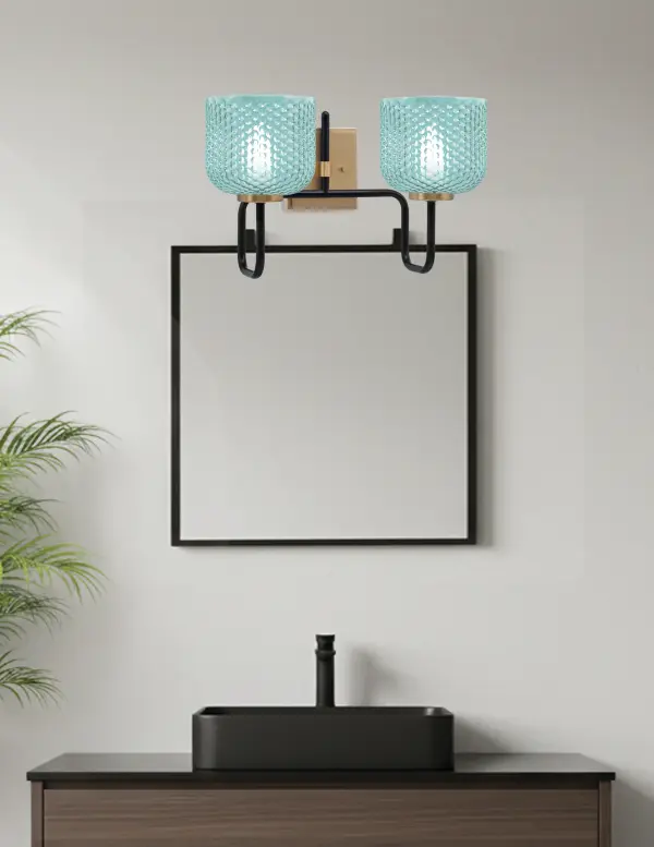 Bold Two-Tone Bath Bar with Vibrant Turquoise Glass Shades - Image 3