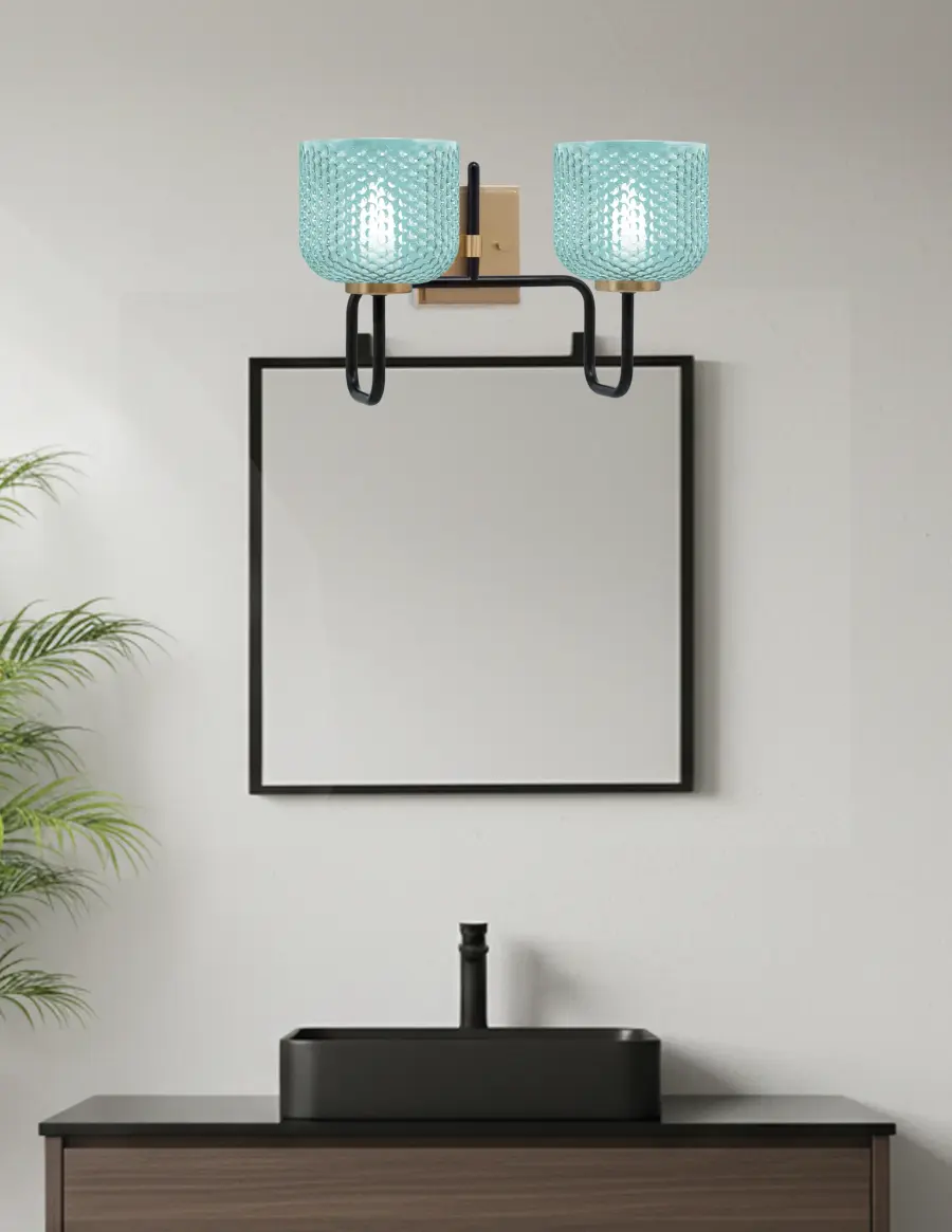 Bold Two-Tone Bath Bar with Vibrant Turquoise Glass Shades - Image 3