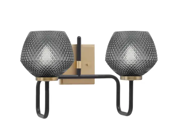 The Sandia 2-Light Bath Bar combines matte black and new age brass finishes for striking visual contrast. Smoke textured glass shades diffuse light beautifully while the compact 16.5" width fits most bathroom vanities perfectly.