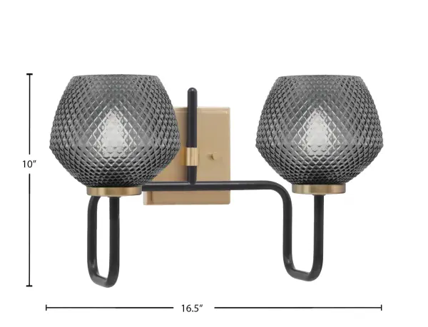 The Sandia 2-Light Bath Bar combines matte black and new age brass finishes for striking visual contrast. Smoke textured glass shades diffuse light beautifully while the compact 16.5" width fits most bathroom vanities perfectly. - alternate view