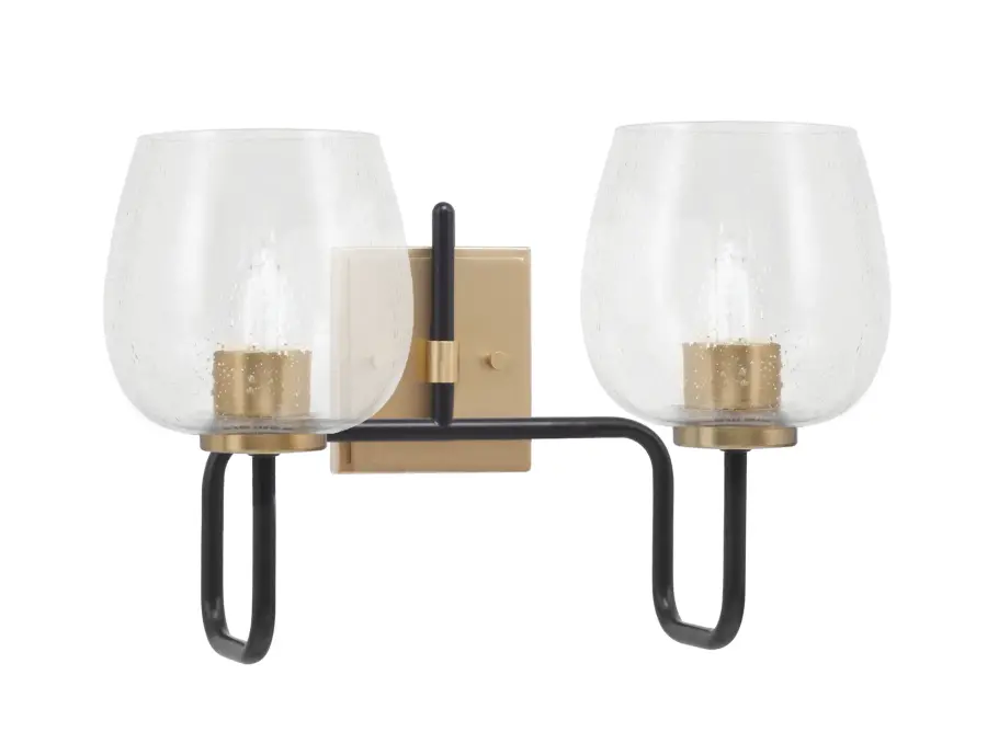 Sandia 2-Light Bath Bar in Matte Black & New Age Brass with Clear Bubble Glass - Image 1