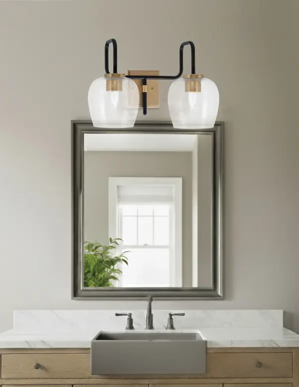 Sandia 2-Light Bath Bar in Matte Black & New Age Brass with Clear Bubble Glass - Image 3