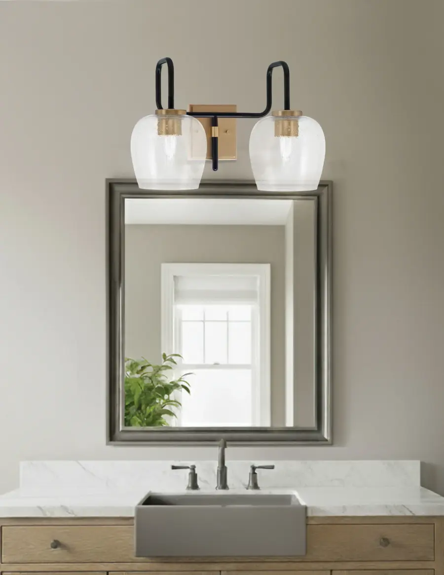 Sandia 2-Light Bath Bar in Matte Black & New Age Brass with Clear Bubble Glass - Image 3