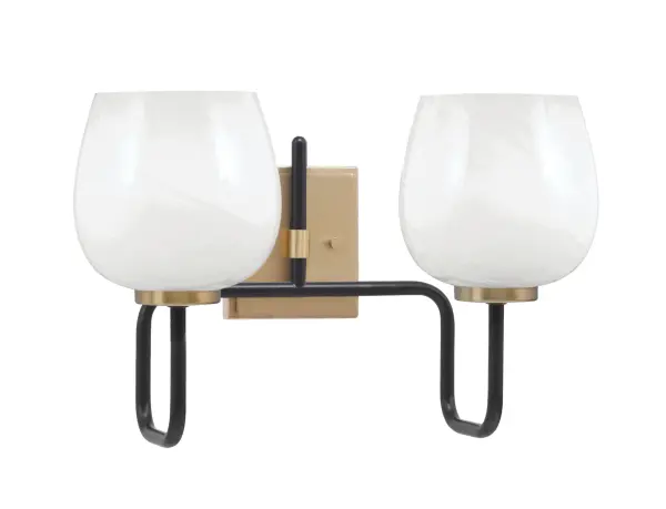 The Sandia 2-Light Bath Bar combines striking matte black and brass finishes with luxurious white marble glass shades. Perfect for modern bathrooms, this fixture offers excellent illumination while adding a designer touch.