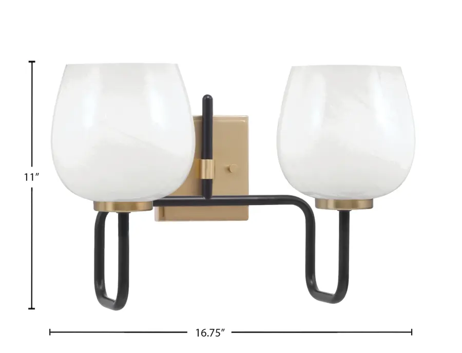 Sandia 2-Light Bath Bar in Matte Black & New Age Brass with White Marble Glass - Image 2