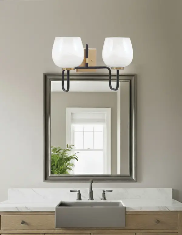 Sandia 2-Light Bath Bar in Matte Black & New Age Brass with White Marble Glass - Image 3