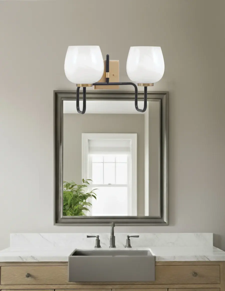 Sandia 2-Light Bath Bar in Matte Black & New Age Brass with White Marble Glass - Image 3