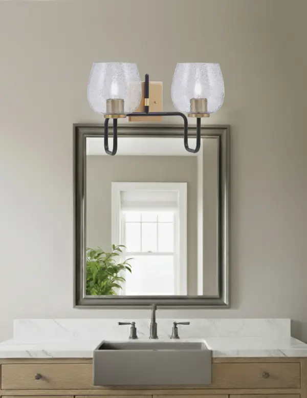 Sandia 2-Light Bath Bar in Matte Black & New Age Brass with Smoke Bubble Glass - Image 3