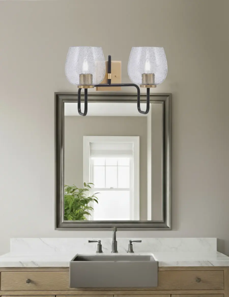 Sandia 2-Light Bath Bar in Matte Black & New Age Brass with Smoke Bubble Glass - Image 3
