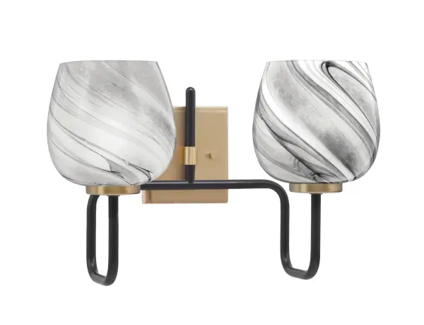 The Sandia 2 Light Bath Bar combines industrial design with sophisticated elegance through its matte black and brass finish. The unique onyx swirl glass shades create a dynamic focal point while providing excellent illumination for bathroom spaces.