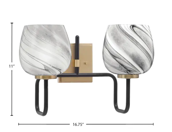 The Sandia 2 Light Bath Bar combines industrial design with sophisticated elegance through its matte black and brass finish. The unique onyx swirl glass shades create a dynamic focal point while providing excellent illumination for bathroom spaces. - alternate view