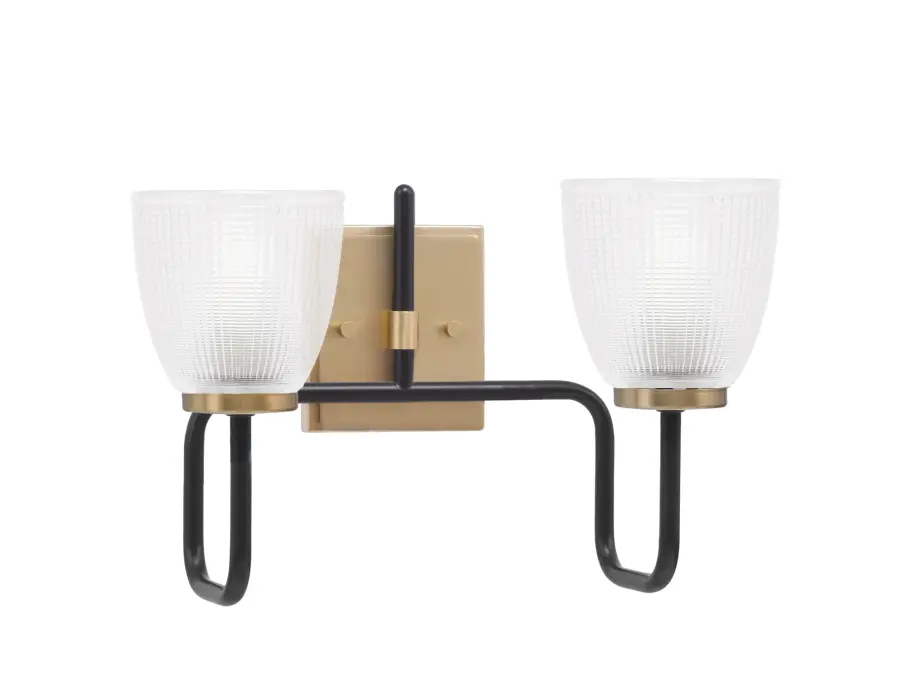 Sandia 2 Light Bath Bar in Matte Black & New Age Brass with Clear Ribbed Glass - Image 1