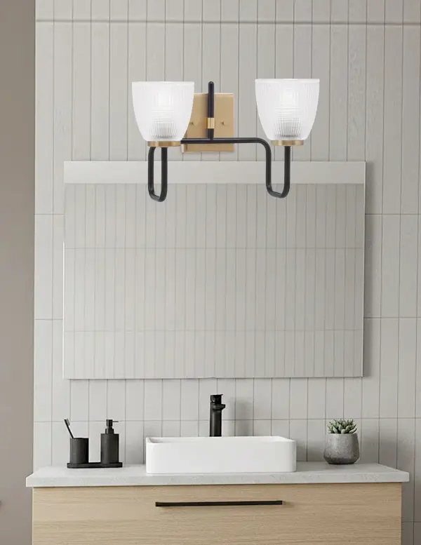 Sandia 2 Light Bath Bar in Matte Black & New Age Brass with Clear Ribbed Glass - Image 3