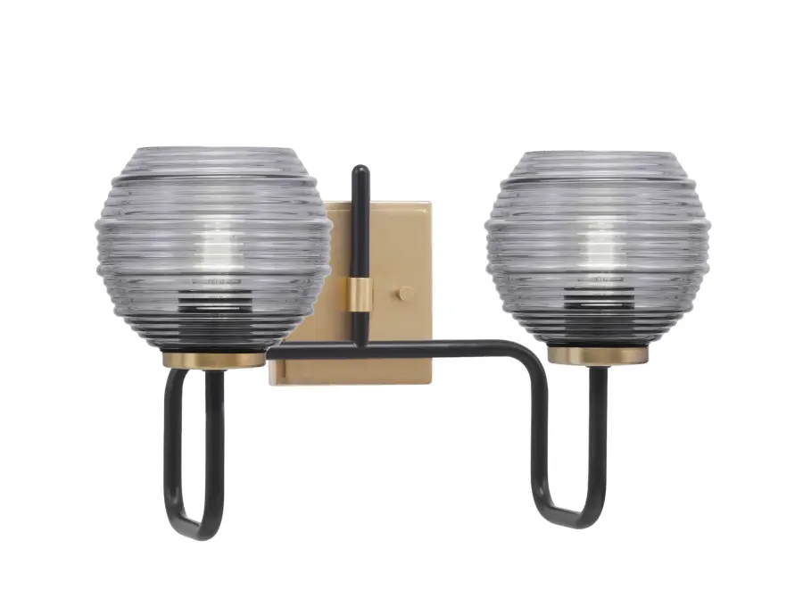 Sandia 2-Light Bath Bar in Matte Black & New Age Brass with Smoke Ribbed Glass - Image 1