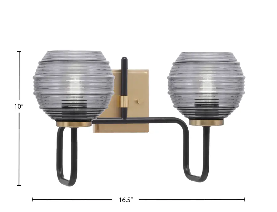 Sandia 2-Light Bath Bar in Matte Black & New Age Brass with Smoke Ribbed Glass - Image 2