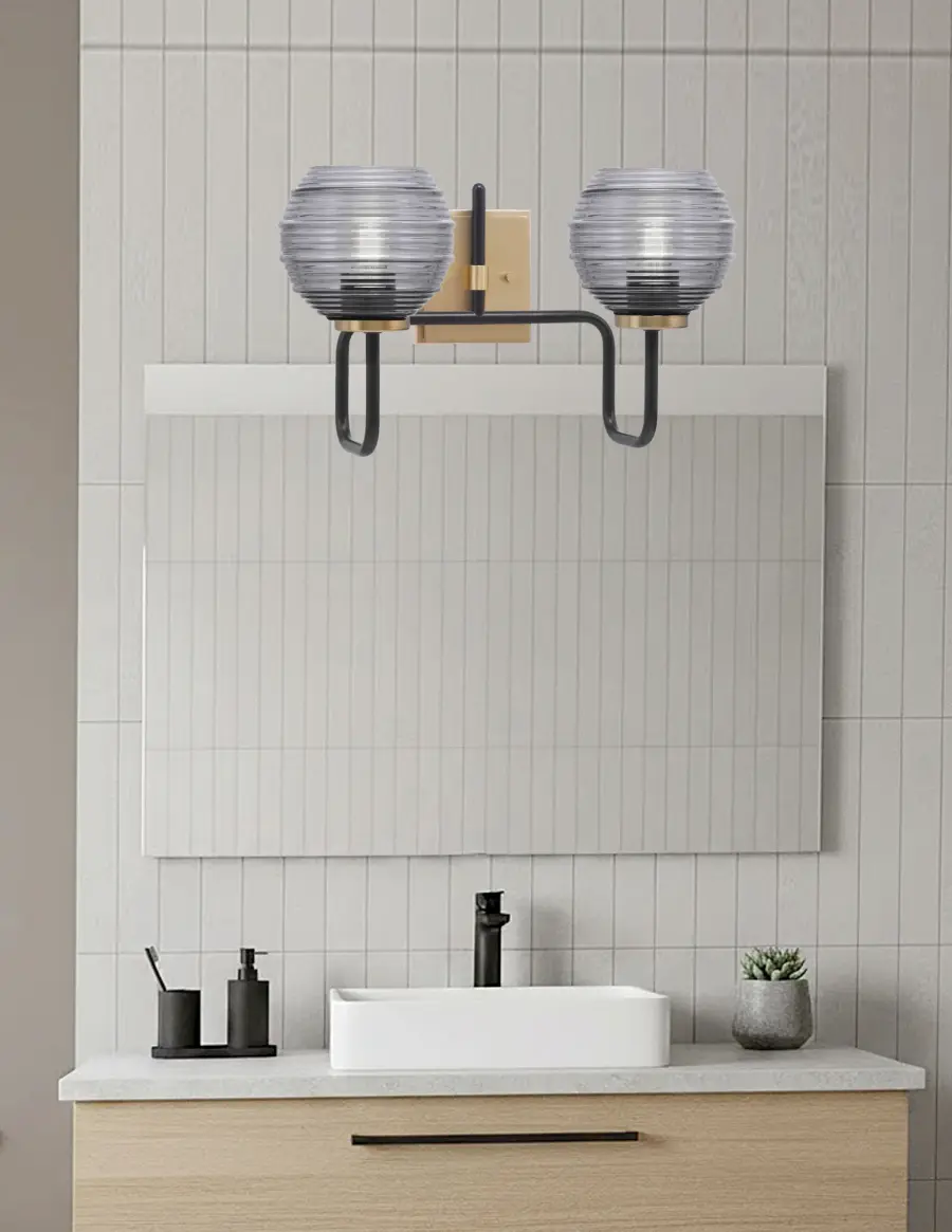 Sandia 2-Light Bath Bar in Matte Black & New Age Brass with Smoke Ribbed Glass - Image 3