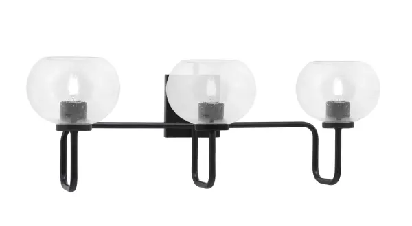 The Sandia 3 Light Bath Bar combines contemporary industrial design with practical bathroom illumination. Its matte black finish and distinctive bubble glass shades create visual interest while providing ample light for grooming tasks.