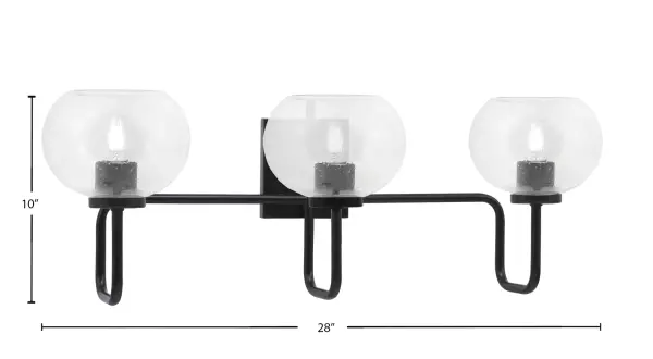 The Sandia 3 Light Bath Bar combines contemporary industrial design with practical bathroom illumination. Its matte black finish and distinctive bubble glass shades create visual interest while providing ample light for grooming tasks. - alternate view