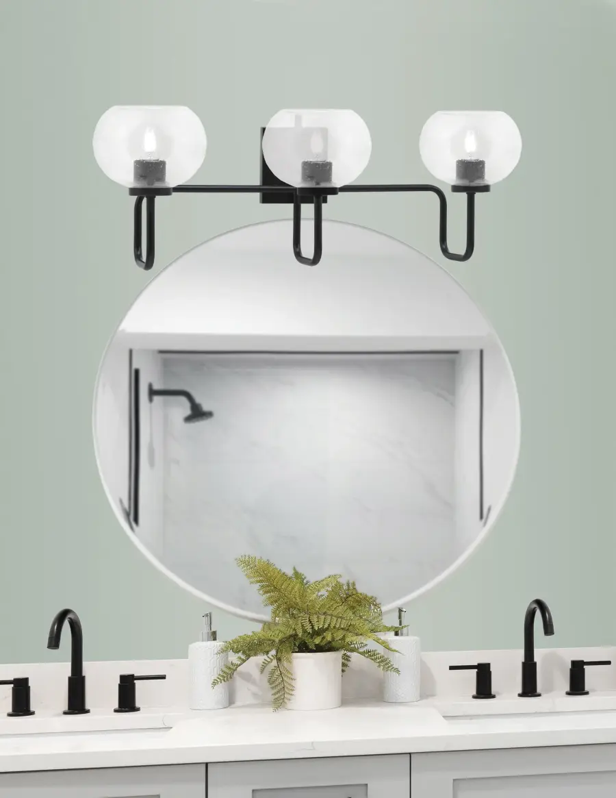 Sandia 3 Light Bath Bar in Matte Black with Clear Bubble Glass - Image 3