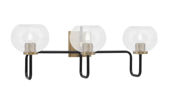 The Sandia 3-Light Bath Bar combines striking matte black and brass finishes with unique bubble glass shades for a contemporary look. Perfect for modern bathrooms seeking both style and function with its dimmable lighting.