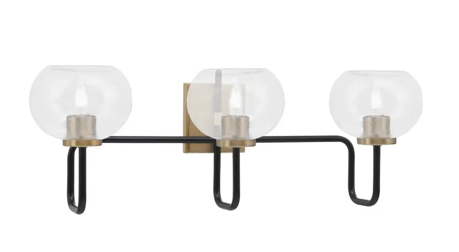 Sandia 3-Light Bath Bar in Matte Black & New Age Brass with Clear Bubble Glass - Image 1